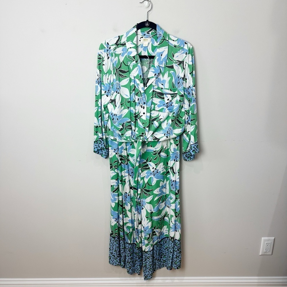 Anthropologie Maeve Matching Set Shirt Pants Floral Animal Print Green Blue - Picture 4 of 12